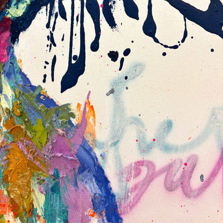side profile portrait woman face painted thick and expressionistically with many colors blue hair splattered and text spray painted stencil on white background