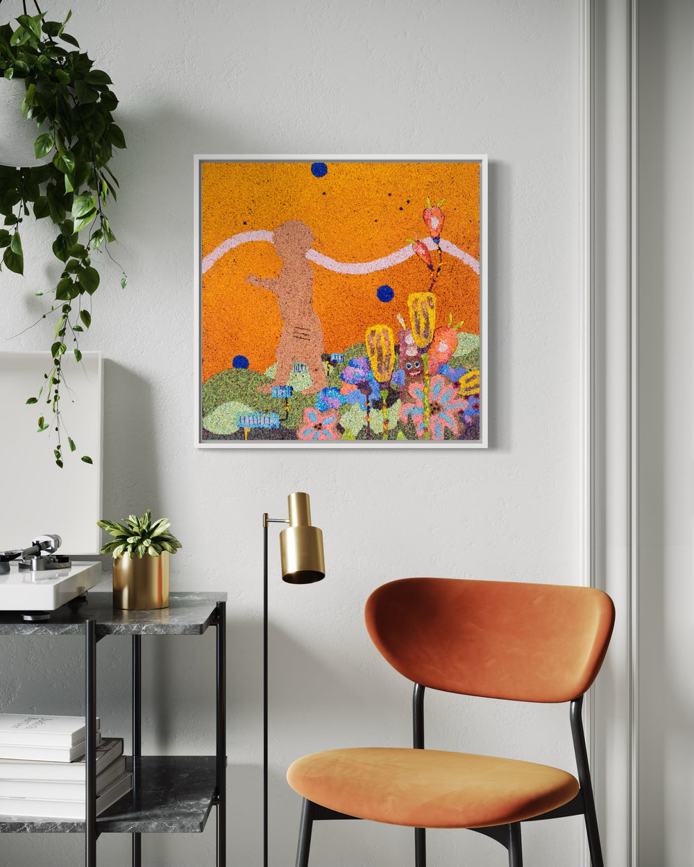 20"x20" abstract piece using crushed volcanic rock and acrylic paint with a child's silhouette and abstract forms over an orange background. 