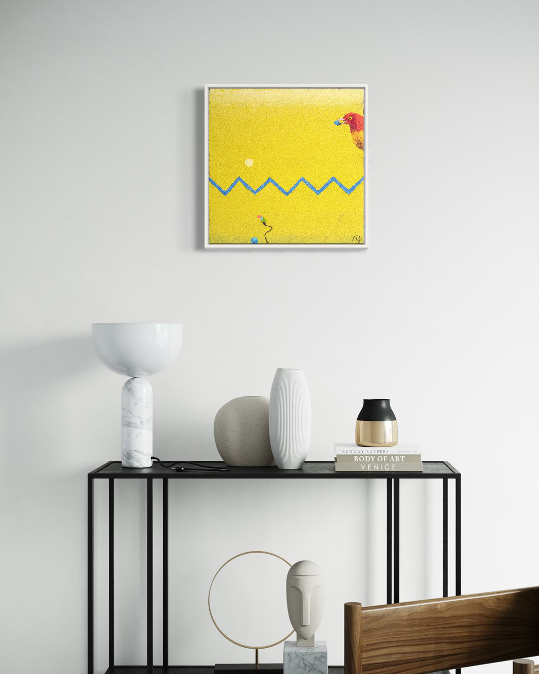 20"x20" abstract piece using crushed volcanic rock and acrylic paint with a bird and abstract forms over a yellow background. 