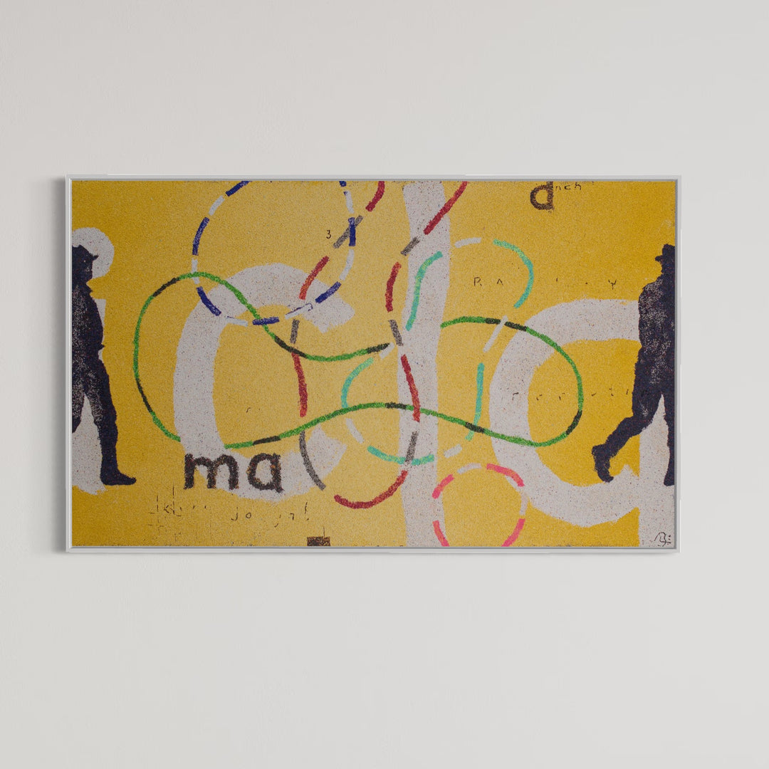 36"x60" abstract piece using crushed volcanic rock and acrylic paint featuring abstract forms over yellow background. 
