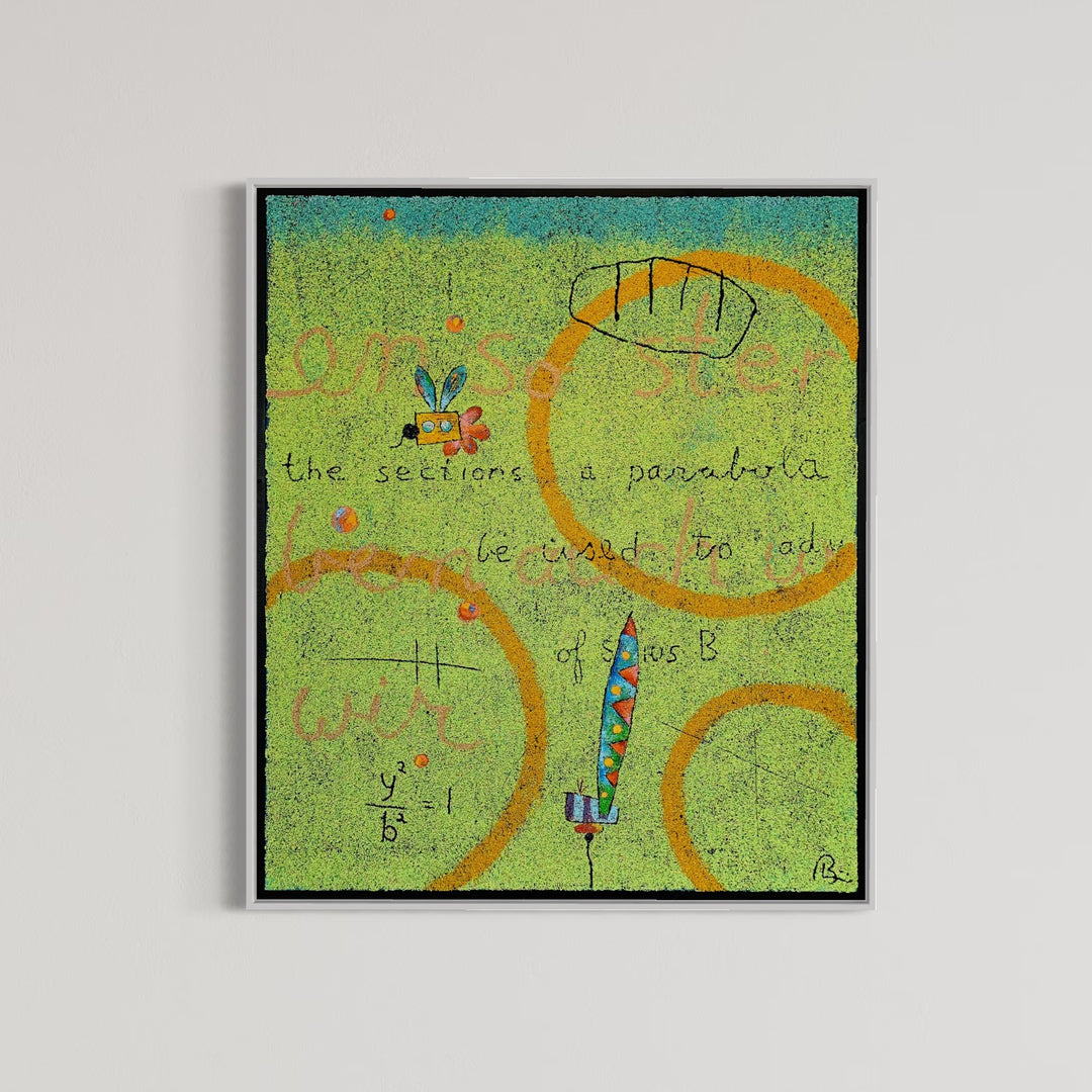 23"x23" abstract piece using crushed volcanic rock and acrylic paint with greens, yellows and blue. 