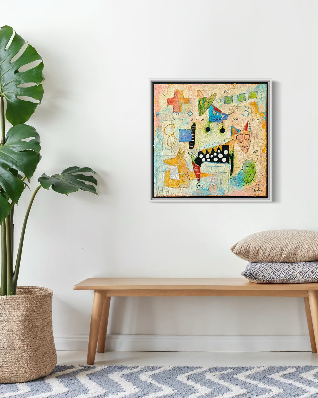 23"x23" abstract piece using crushed volcanic rock and acrylic paint with a cat-like creatures over a multi-color background. 