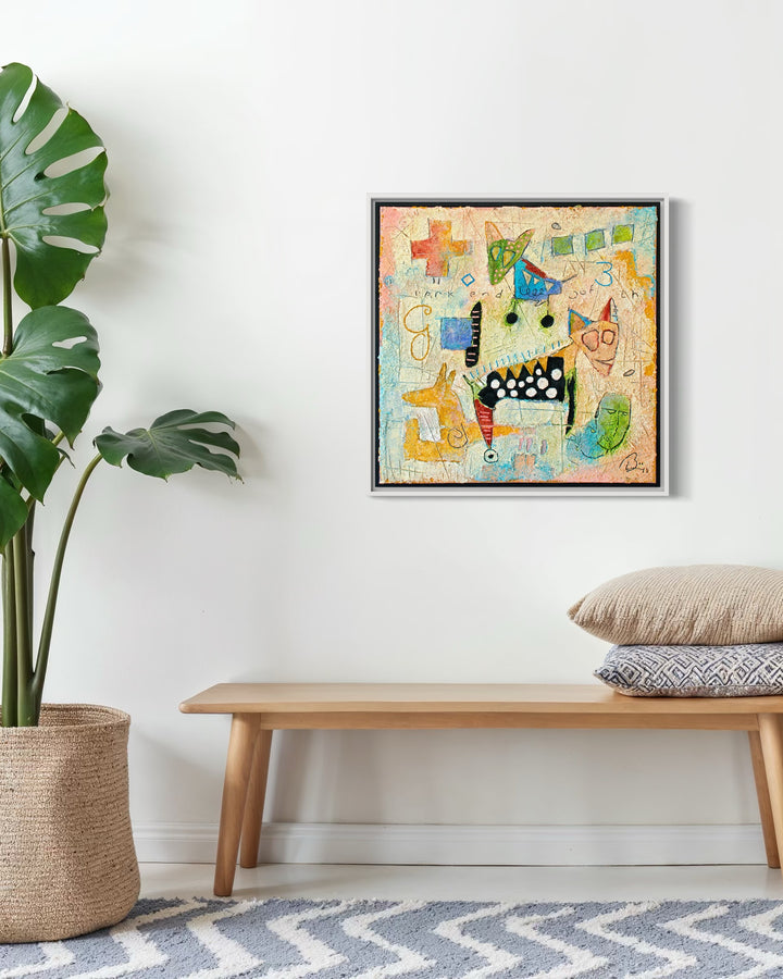 23"x23" abstract piece using crushed volcanic rock and acrylic paint with a cat-like creatures over a multi-color background. 