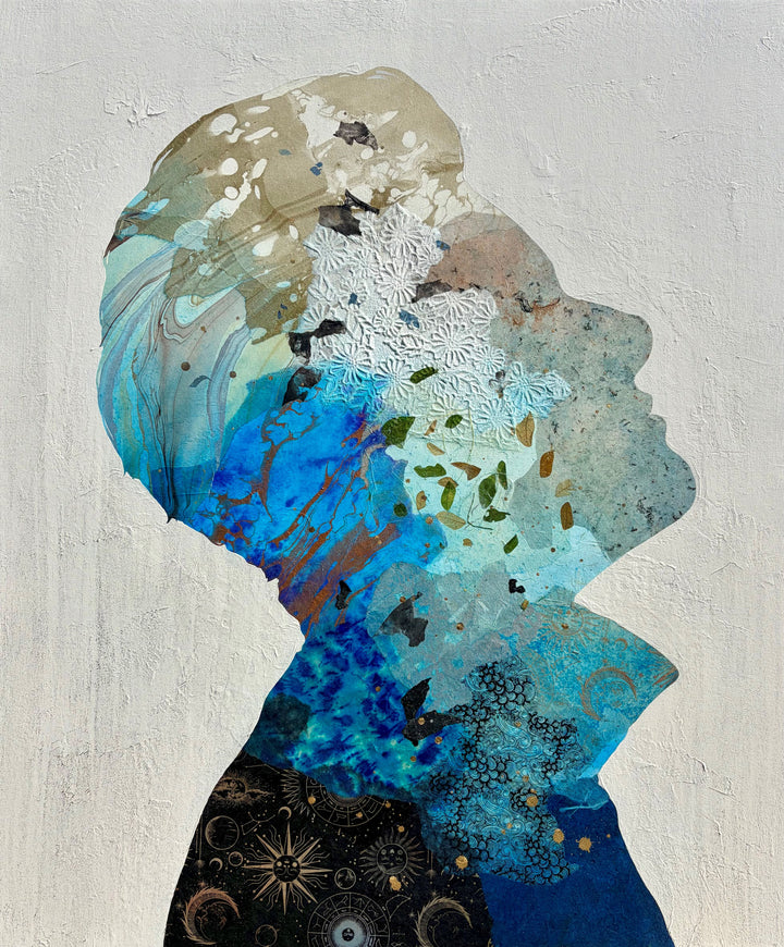 Christopher Peter, Born to Be Blue, acrylic, oil, handmade papers and gold leaf on canvas, 48 x 40 inches. Full view of an upward-facing profile silhouette made of layered blue, turquoise, tan, and black collaged papers with white embossed floral paper, scattered leaves, and gold leaf accents on a textured off-white background.