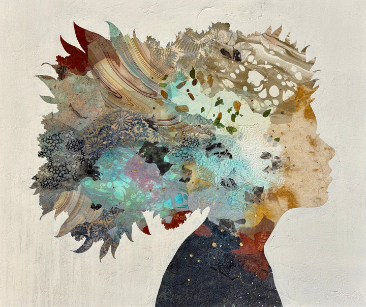 "Born to Bloom" by Christopher Peter — a mixed-media collage painting on canvas depicting a woman&