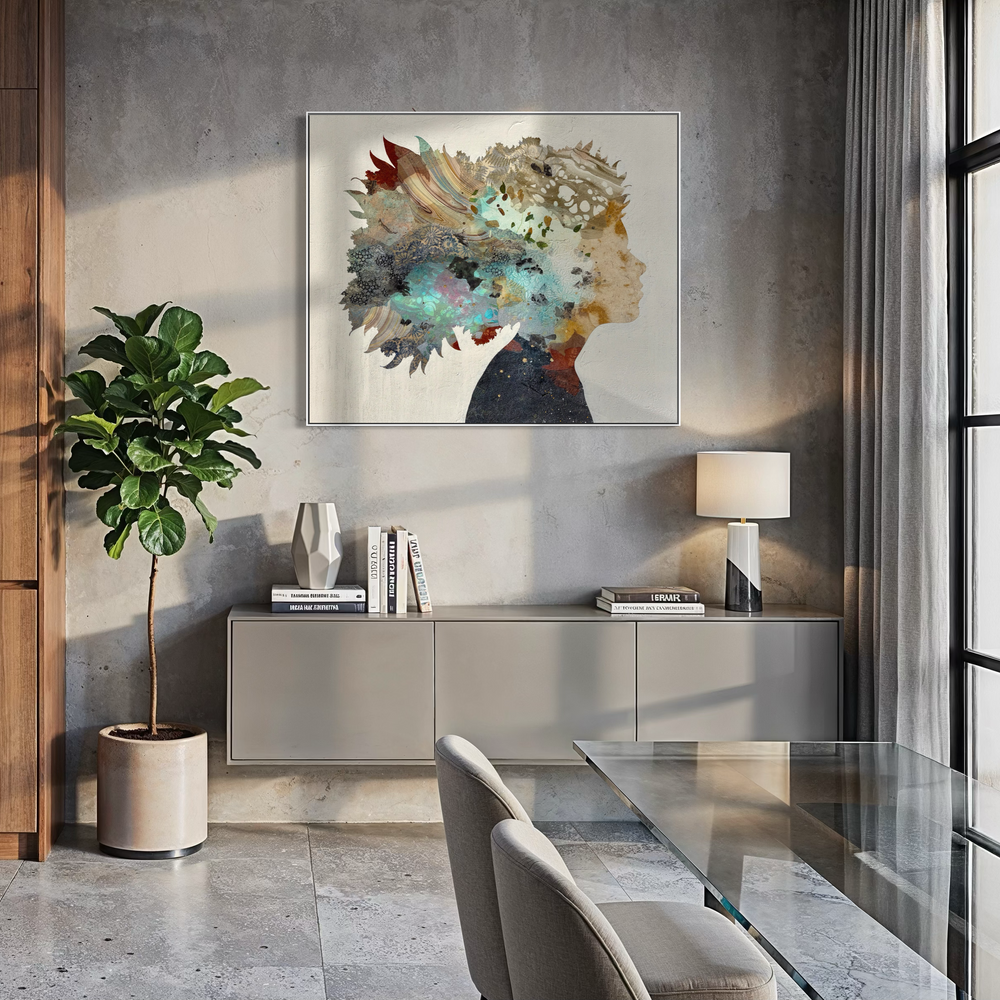mixed media expressionist abstract silhouette portrait multicolored textured leaves gold foil oil and acrylic paint paper collage on canvas
