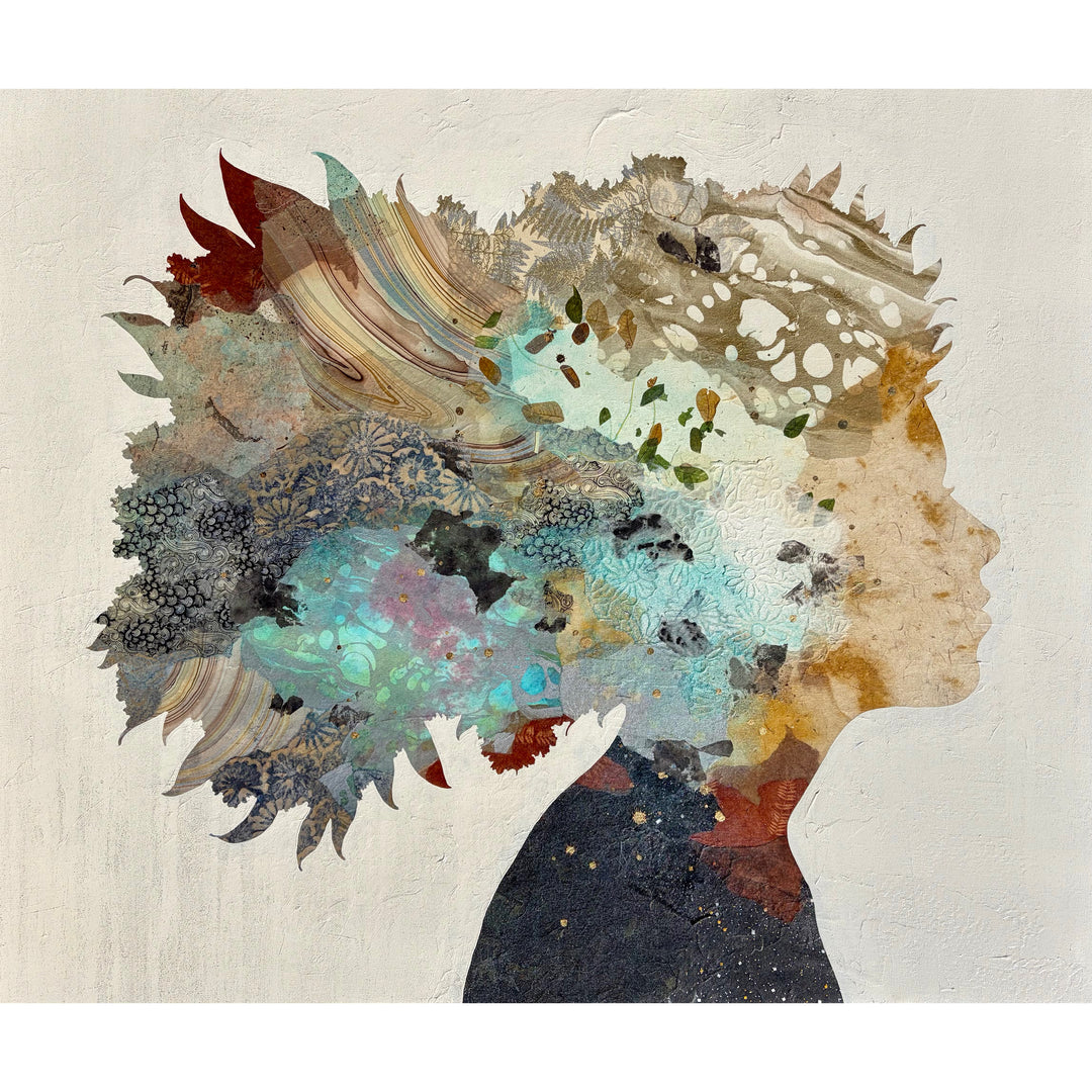 mixed media expressionist abstract silhouette portrait multicolored textured leaves gold foil oil and acrylic paint paper collage on canvas