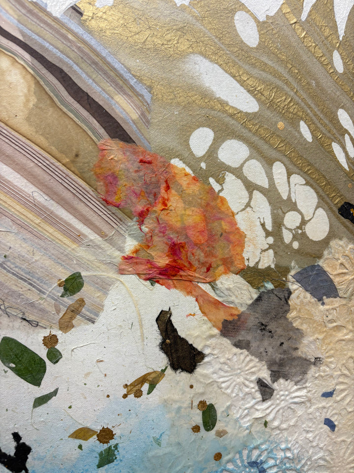 Macro detail of Born to Bloom by Christopher Peter — showing layered handmade papers, pressed botanical elements, gold leaf, and textured acrylic collage materials on canvas