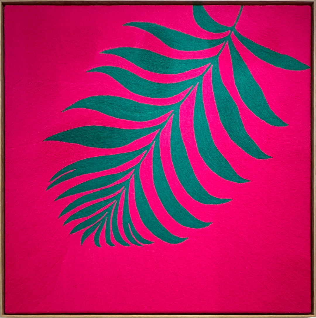 42.5"x42.5" chain-stitched textile with a tropical leaf over a bright pink background. 