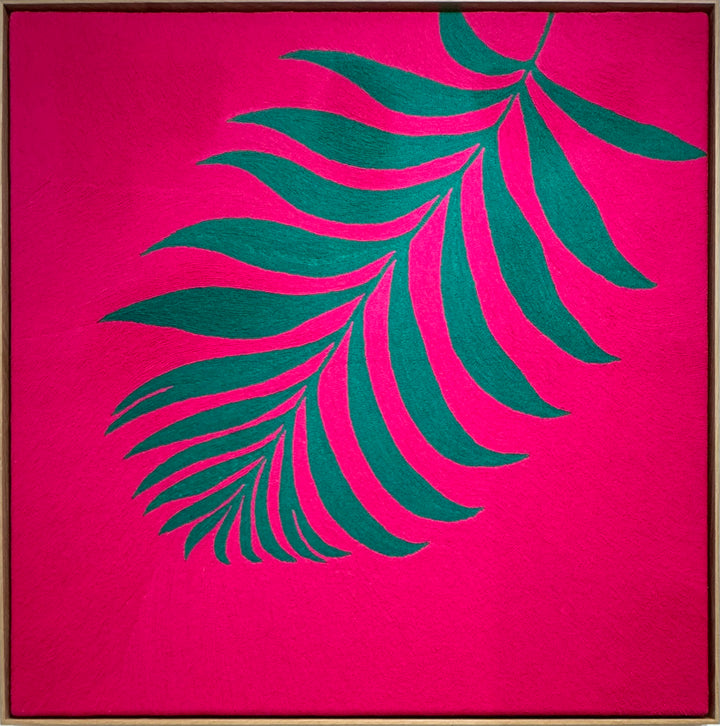 42.5"x42.5" chain-stitched textile with a tropical leaf over a bright pink background. 