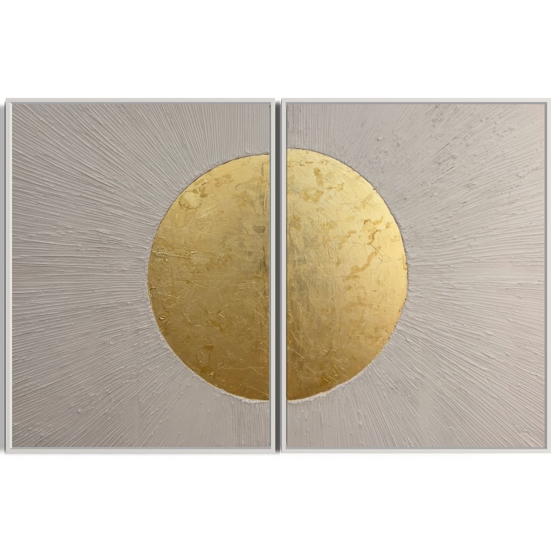 Beaming Duo by Lee in Cerulean. Textured diptych with white acrylic joint compound, lines emanating from center and beaming outwards with shiny gold circle in the middle