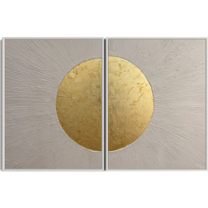 Beaming Duo by Lee in Cerulean. Textured diptych with white acrylic joint compound, lines emanating from center and beaming outwards with shiny gold circle in the middle