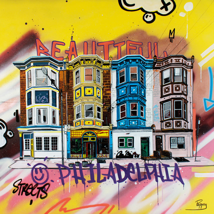graffiti urban style illustration cartoon building philadelphia cityscape landscape graphic markers and acrylic in bright bold color 
