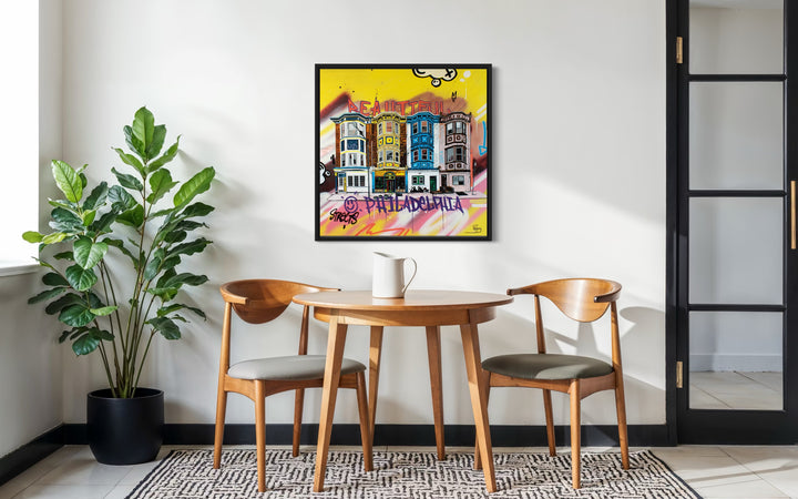 graffiti urban style illustration cartoon building philadelphia cityscape landscape graphic markers and acrylic in bright bold color 