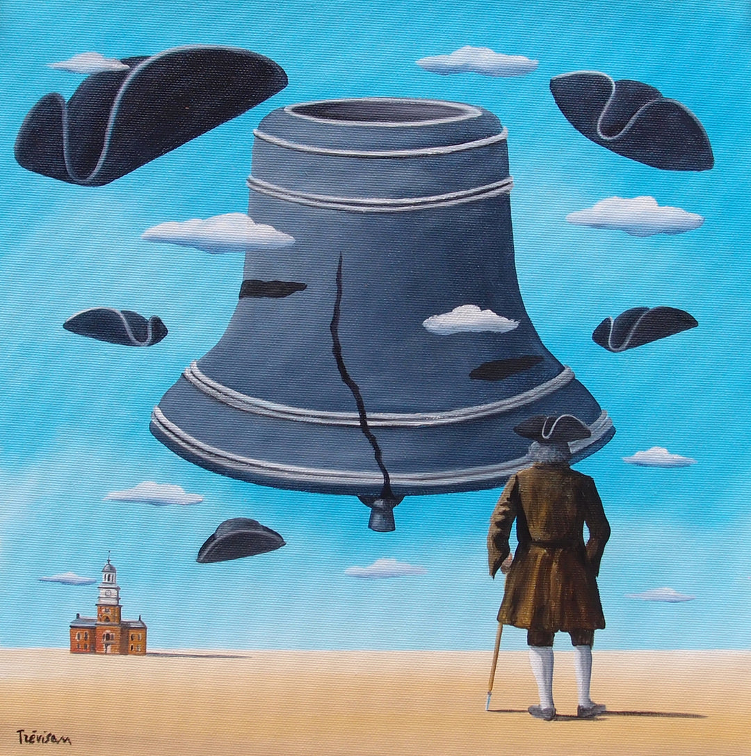 "Bell and Hats" by Italian artist Carlo Trevisan — a surrealist oil painting on canvas depicting a colonial-era figure with a cane gazing at an enormous floating Liberty Bell surrounded by swirling tricorn hats against a vivid blue sky. Independence Hall stands small in the distant sandy landscape, emphasizing dramatic scale and Philadelphia history. Original contemporary surrealist Philadelphia Liberty Bell pop art painting on canvas available at Morton Contemporary gallery.