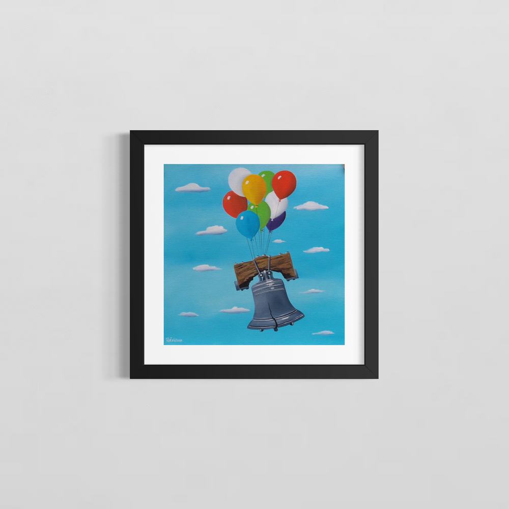 "Bell in the Sky" by Italian artist Carlo Trevisan — a surrealist oil painting on canvas depicting Philadelphia's iconic Liberty Bell floating through a bright blue sky, lifted by nine colorful balloons in red, yellow, green, blue, white, and purple. The playful, whimsical composition celebrates Philadelphia's most beloved historical landmark with wit and joy. Original contemporary surrealist Philadelphia Liberty Bell pop art painting on canvas available at Morton Contemporary gallery.