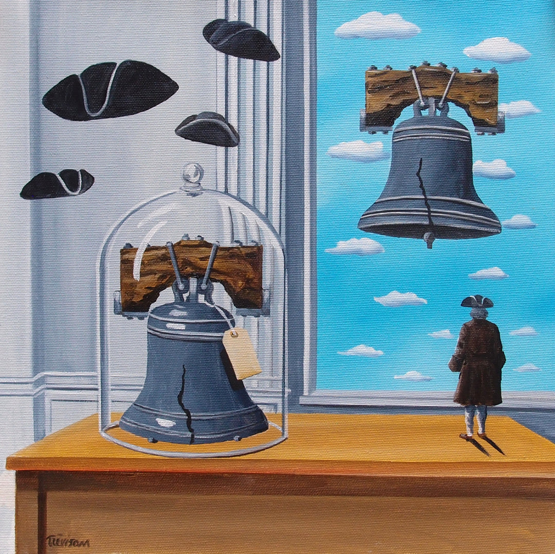 "Bells" by Italian artist Carlo Trevisan — a surrealist oil painting on canvas featuring two Liberty Bells: one displayed under a glass cloche on a wooden table, the other floating freely outside a window in a Magritte-inspired blue sky. A miniature colonial figure in a tricorn hat gazes outward as floating tricorn hats drift through the interior. Original contemporary surrealist Philadelphia Liberty Bell pop art painting on canvas available at Morton Contemporary gallery.