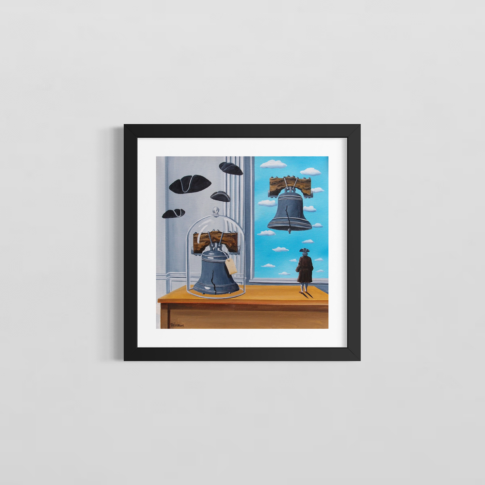 "Bells" by Italian artist Carlo Trevisan — a surrealist oil painting on canvas featuring two Liberty Bells: one displayed under a glass cloche on a wooden table, the other floating freely outside a window in a Magritte-inspired blue sky. A miniature colonial figure in a tricorn hat gazes outward as floating tricorn hats drift through the interior. Original contemporary surrealist Philadelphia Liberty Bell pop art painting on canvas available at Morton Contemporary gallery.