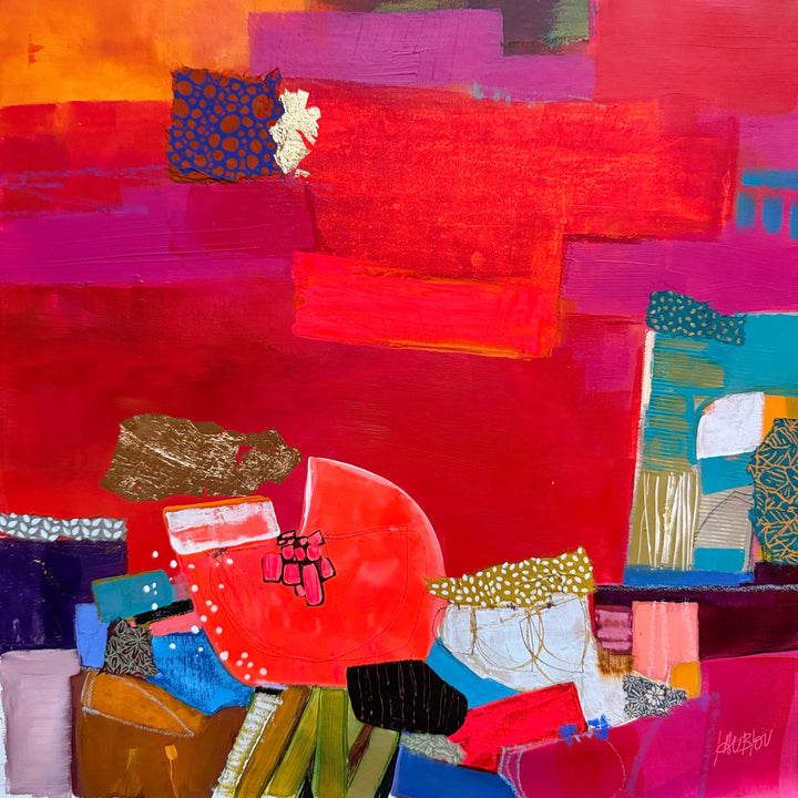 Lau Blou, Berceaux des trésors, acrylic paint, fabric, and gold leaf on canvas, 14 x 14 inches. Abstract composition of a round red shape and stacked blocks in orange, purple, teal, and black with patterned fabric and copper leaf pieces, set against a bright red and pink background.