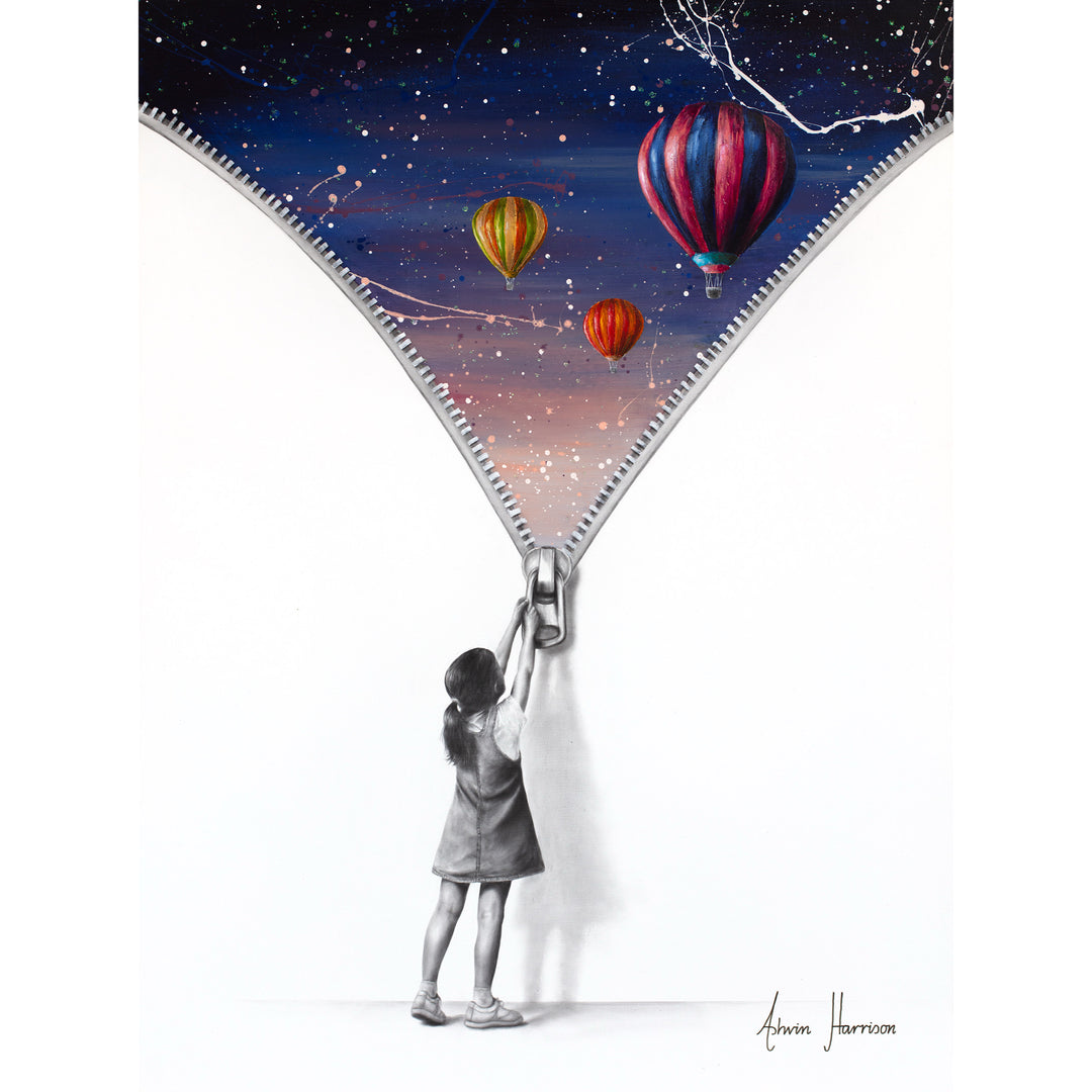 Beyond The Wall Of Reality’ by Ashvin Harrison is a contemporary surrealist painting featuring a monochromatic young girl pulling down a large zipper to reveal a vibrant dreamlike sky filled with colorful hot air balloons, cosmic splatter effects, and deep blue twilight tones. Created with coconut charcoal dust and acrylic on canvas, this mixed-media artwork contrasts realistic grayscale portraiture with expressive abstract color, symbolizing imagination, wonder, and escape beyond reality