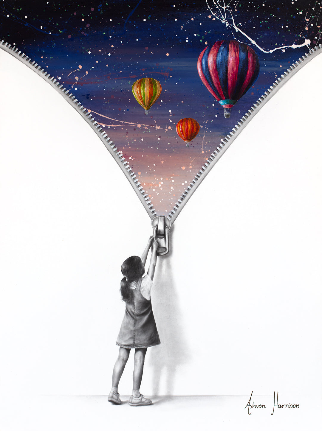 Beyond The Wall Of Reality’ by Ashvin Harrison is a contemporary surrealist painting featuring a monochromatic young girl pulling down a large zipper to reveal a vibrant dreamlike sky filled with colorful hot air balloons, cosmic splatter effects, and deep blue twilight tones. Created with coconut charcoal dust and acrylic on canvas, this mixed-media artwork contrasts realistic grayscale portraiture with expressive abstract color, symbolizing imagination, wonder, and escape beyond reality