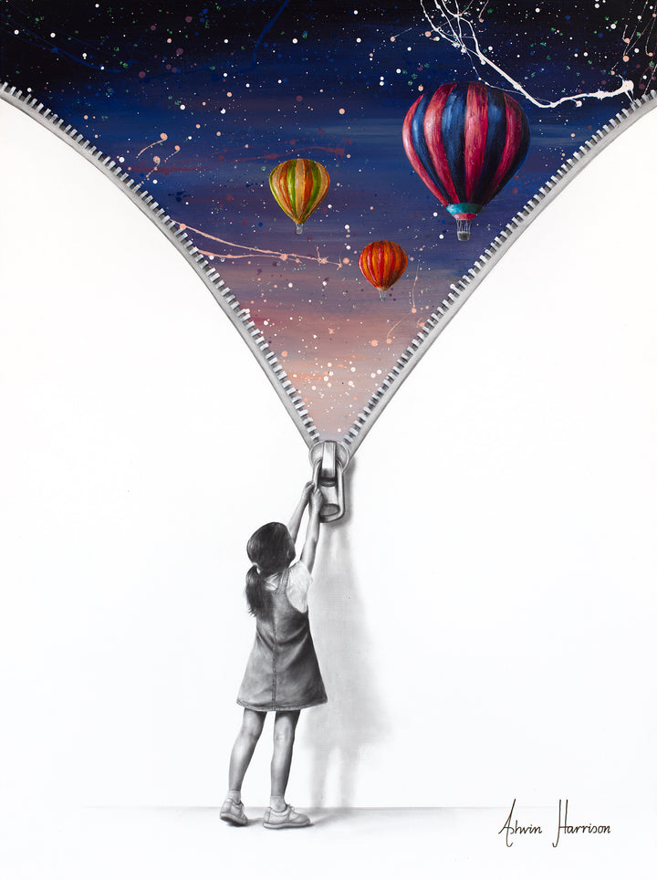 Beyond The Wall Of Reality’ by Ashvin Harrison is a contemporary surrealist painting featuring a monochromatic young girl pulling down a large zipper to reveal a vibrant dreamlike sky filled with colorful hot air balloons, cosmic splatter effects, and deep blue twilight tones. Created with coconut charcoal dust and acrylic on canvas, this mixed-media artwork contrasts realistic grayscale portraiture with expressive abstract color, symbolizing imagination, wonder, and escape beyond reality