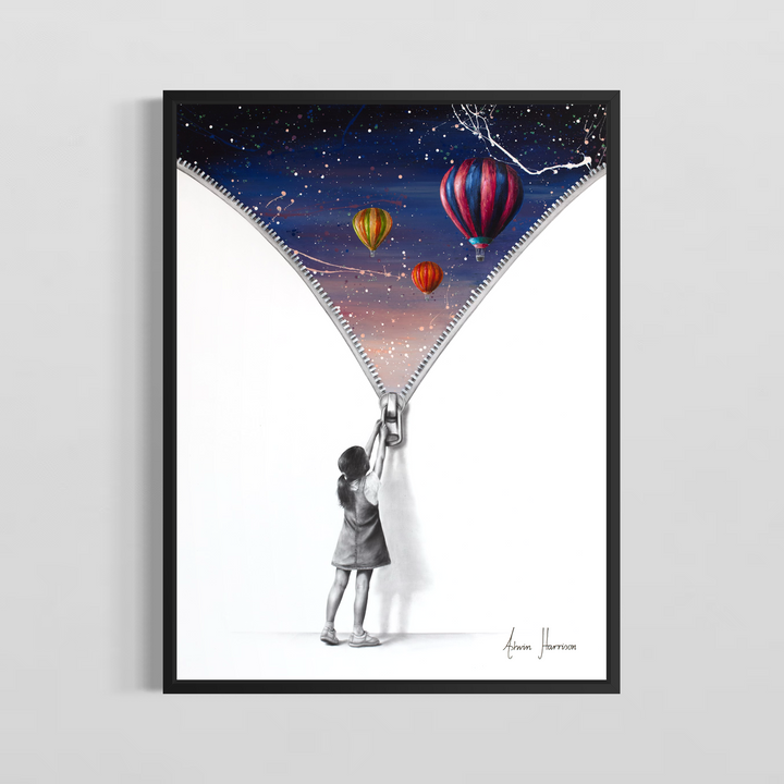 Beyond The Wall Of Reality’ by Ashvin Harrison is a contemporary surrealist painting featuring a monochromatic young girl pulling down a large zipper to reveal a vibrant dreamlike sky filled with colorful hot air balloons, cosmic splatter effects, and deep blue twilight tones. Created with coconut charcoal dust and acrylic on canvas, this mixed-media artwork contrasts realistic grayscale portraiture with expressive abstract color, symbolizing imagination, wonder, and escape beyond reality