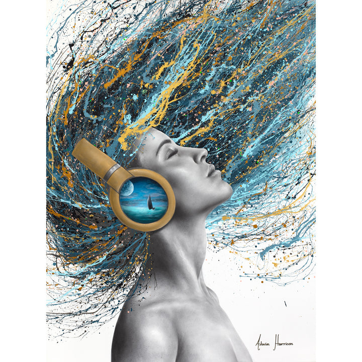 woman side profile face in black and white wearing gold headphones with sea scene flipping hair back in blue black and gold splatter paint on white background