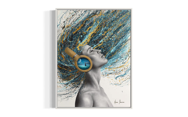 woman side profile face in black and white wearing gold headphones with sea scene flipping hair back in blue black and gold splatter paint on white background