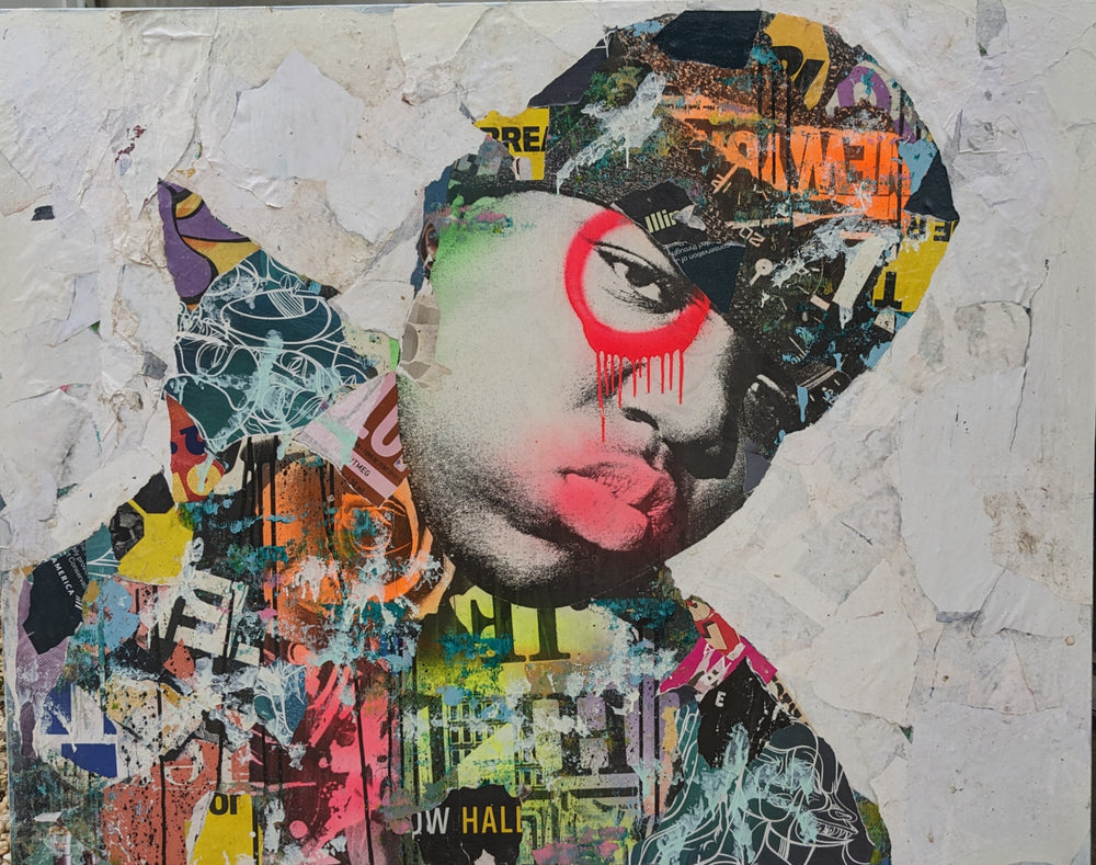 60"W x 48"H Acrylic paint, spray paint, wheat-paste, vintage advertisements, printed fragments on canvas. Biggie Smalls with graphics and DAIN's signature circle over his left eye. 