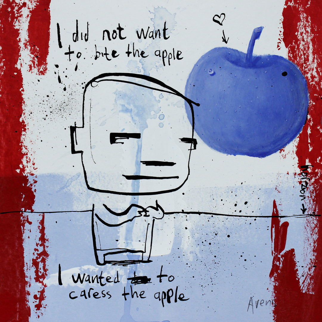 Comic doodle illustration in ink with red and blue line drawing figures funny humor  apple heart 
