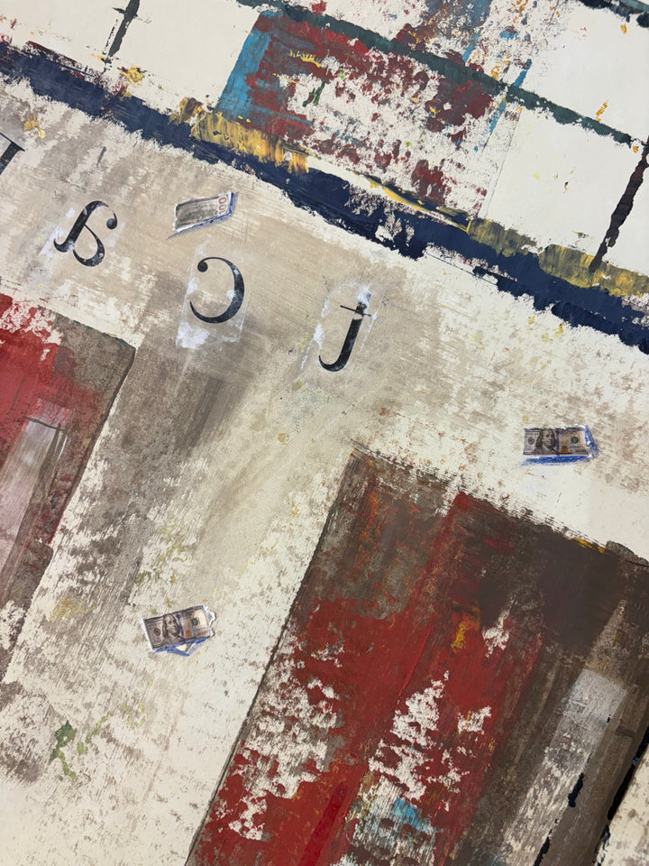 Angled detail of Block to Block by Keith Andrews, showing the upper cell block wall with reversed stenciled letters, small collaged paper bills, and red and cream brushstrokes.