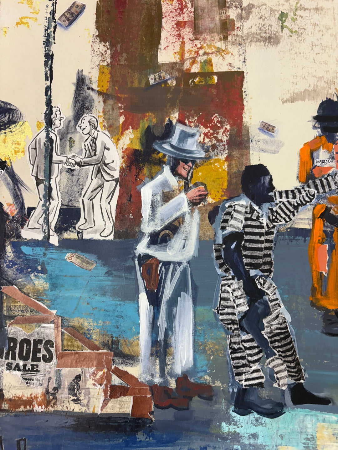 Angled detail of Block to Block by Keith Andrews, showing a figure in a white suit and hat, a figure in black-and-white striped prison clothing, and a figure in an orange jumpsuit. Collaged newspaper text reading "ROES SALE" is at lower left.