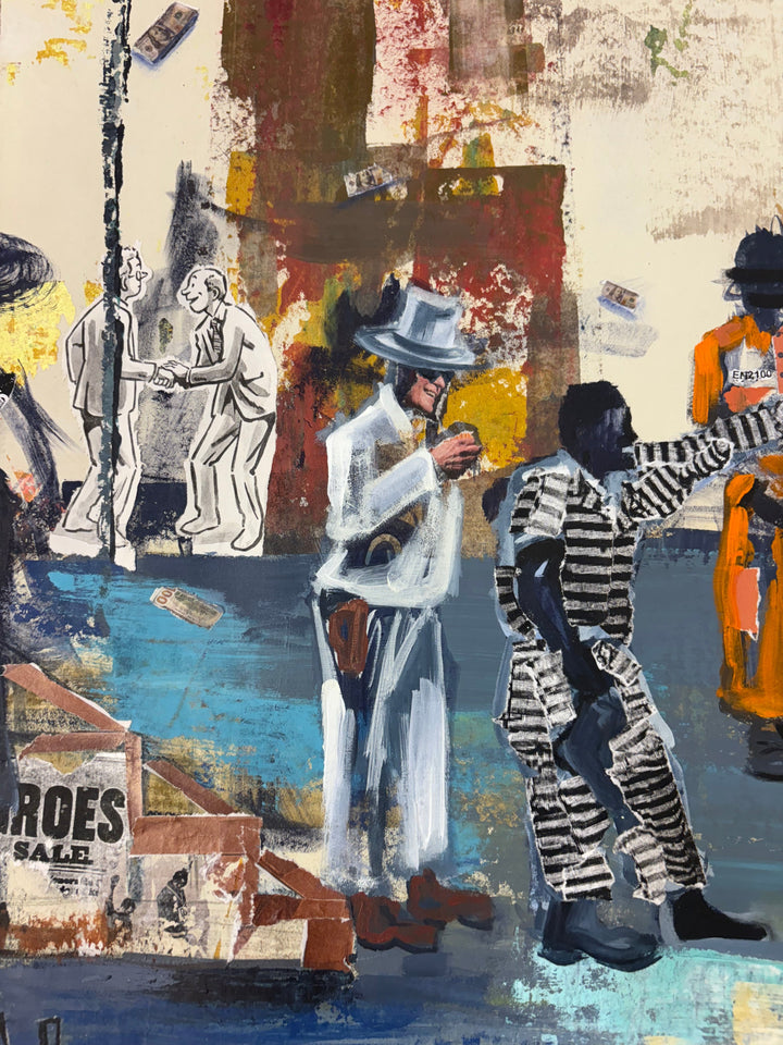 Angled detail of Block to Block by Keith Andrews, showing a figure in a white suit and hat, a figure in black-and-white striped prison clothing, and a figure in an orange jumpsuit. Collaged newspaper text reading "ROES SALE" is at lower left.