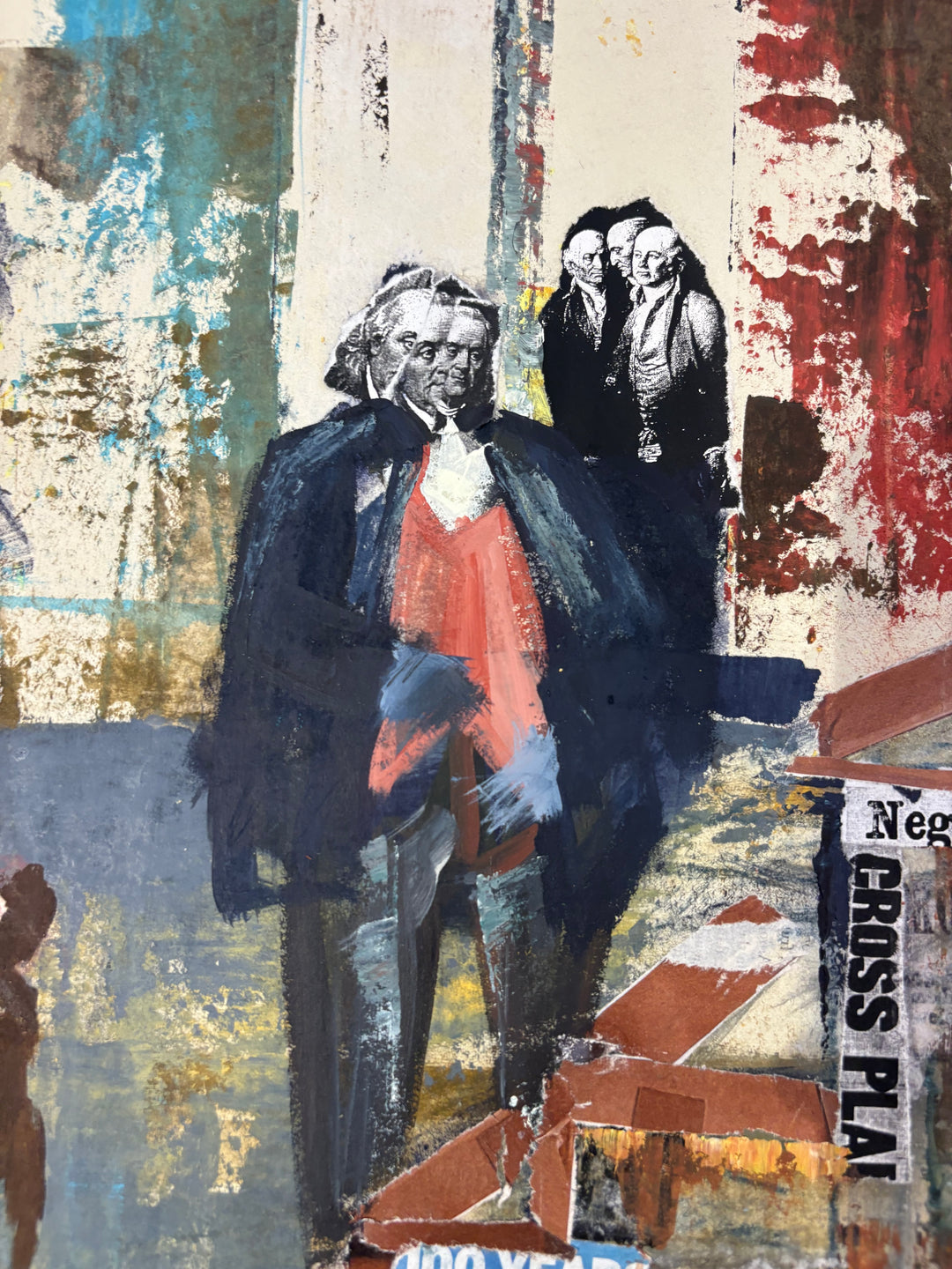Angled detail of Block to Block by Keith Andrews, showing a figure in a dark coat and red vest in front of a small black-and-white collaged image of men in powdered wigs, beside a newspaper strip reading "CROSS PLA."
