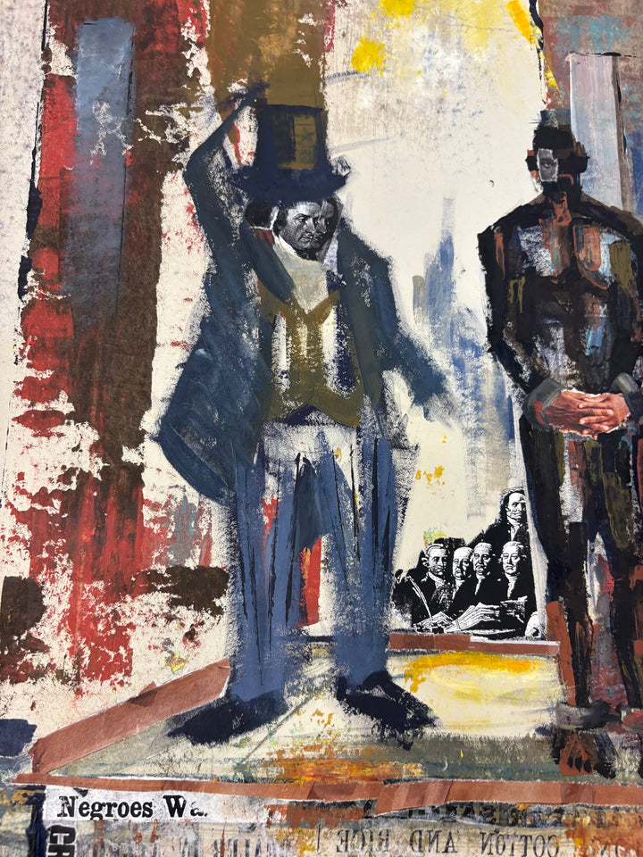 Angled detail of Block to Block by Keith Andrews, showing a man in a top hat and gold vest with one hand raised to his hat, beside a dark standing figure with clasped hands. Below them are a collaged group of men in powdered wigs and newspaper text reading "Negroes W."