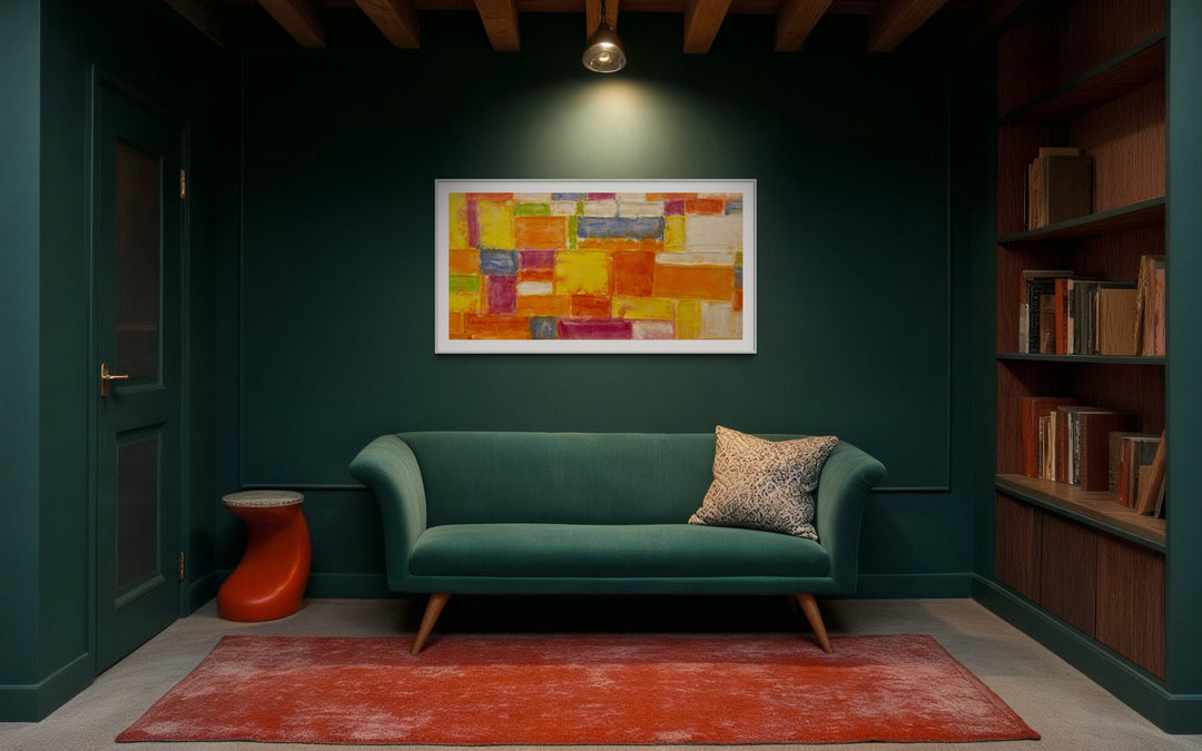 Blocks by Eric Heitmann, 60" x 30" watercolor on recycled sailcloth. Abstract modern geometric shapes painted on raw fabric in oranges and pink.