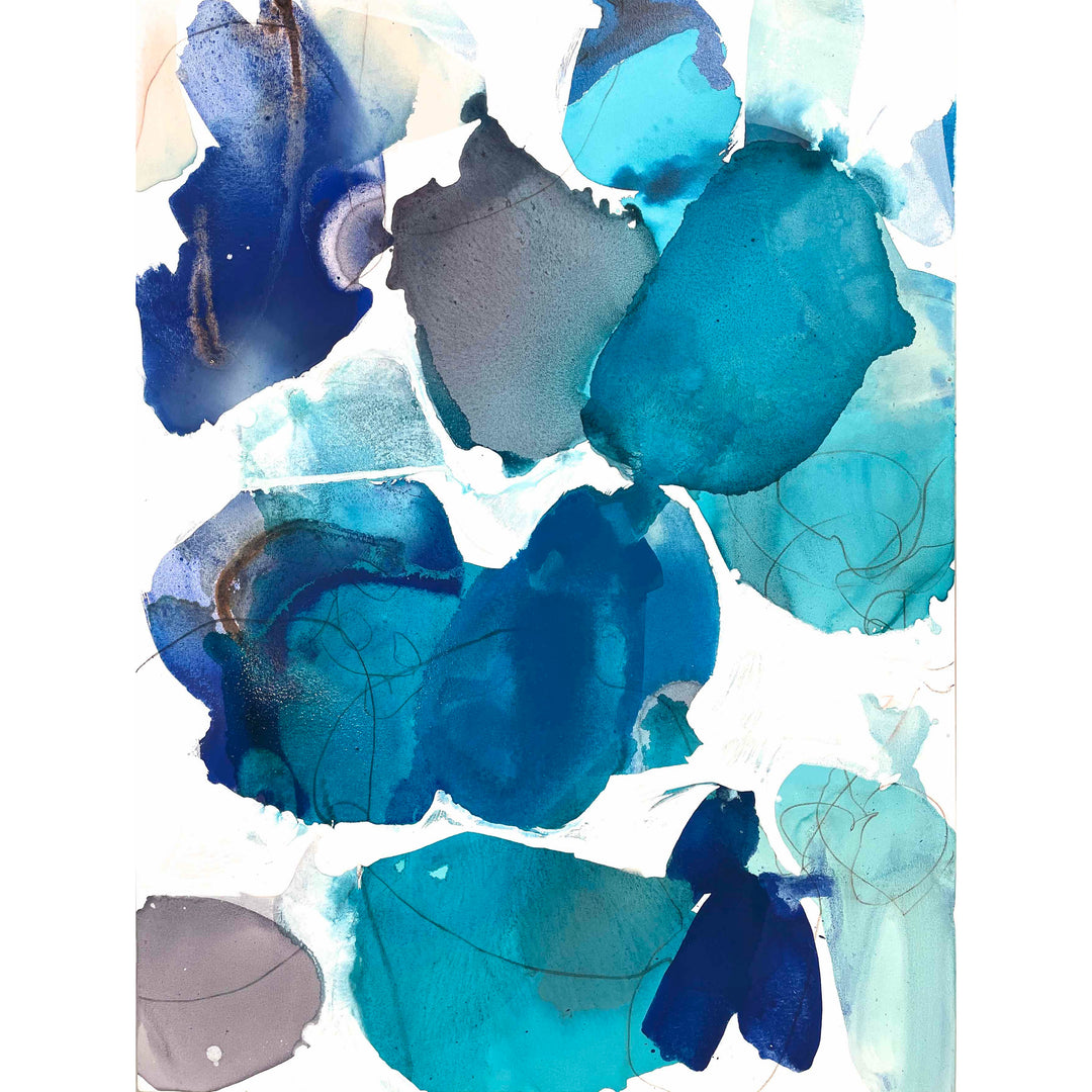 Blue Beach Glass 1, an acrylic, watercolor, graphite and ink painting on canvas by Liz Barber, featuring abstract blue, teal, and gray organic shapes