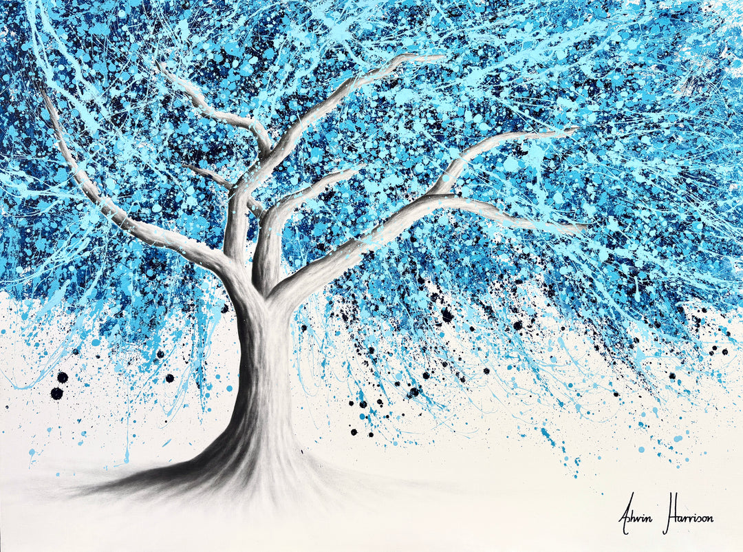 tree trunk and branches in black and white realistic with paint splattered blue expressionist abstract leaves acrylic in light blue and dark on white background