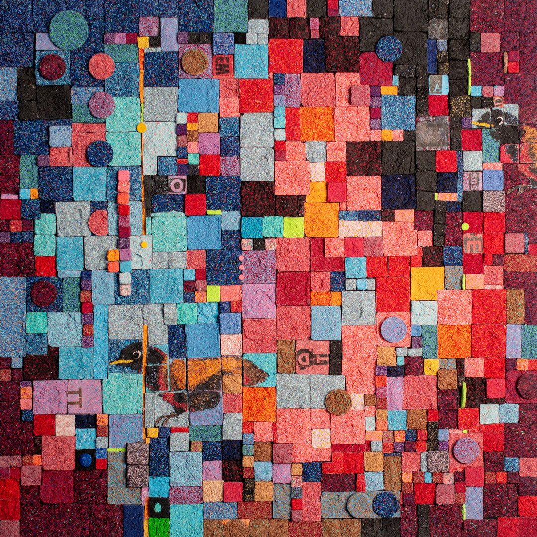 30"x30" abstract piece using crushed volcanic rock and acrylic paint with an abstract colorful geometric design.