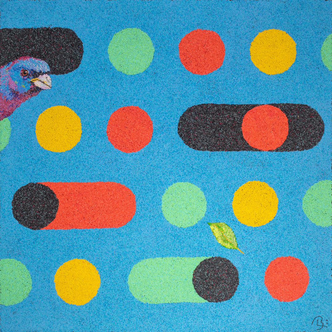 36"x36" abstract piece using crushed volcanic rock and acrylic paint with a bird and abstract forms over a blue background.