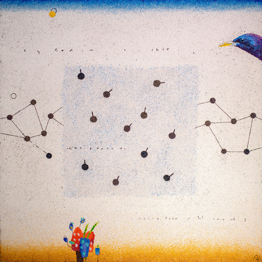 A mostly white background with black circles, a bird's head, and other colorful amorphous objects shown in the foreground.