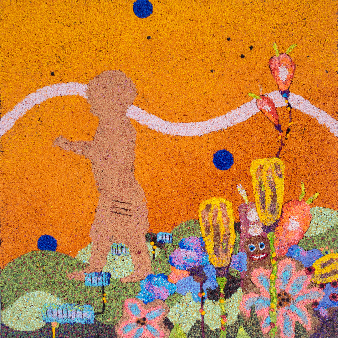 20"x20" abstract piece using crushed volcanic rock and acrylic paint with a child's silhouette and abstract forms over an orange background. 