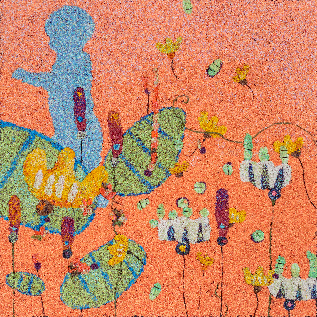20"x20" abstract piece using crushed volcanic rock and acrylic paint with a child's silhouette over abstract forms and an orange background. 