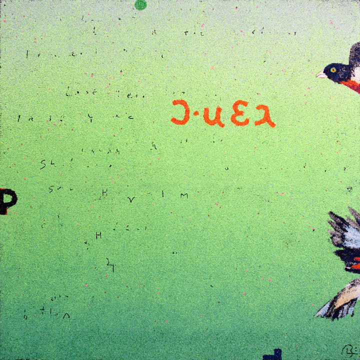 48"x48" abstract piece using crushed volcanic rock and acrylic paint with birds and abstract lettering over a green background. 