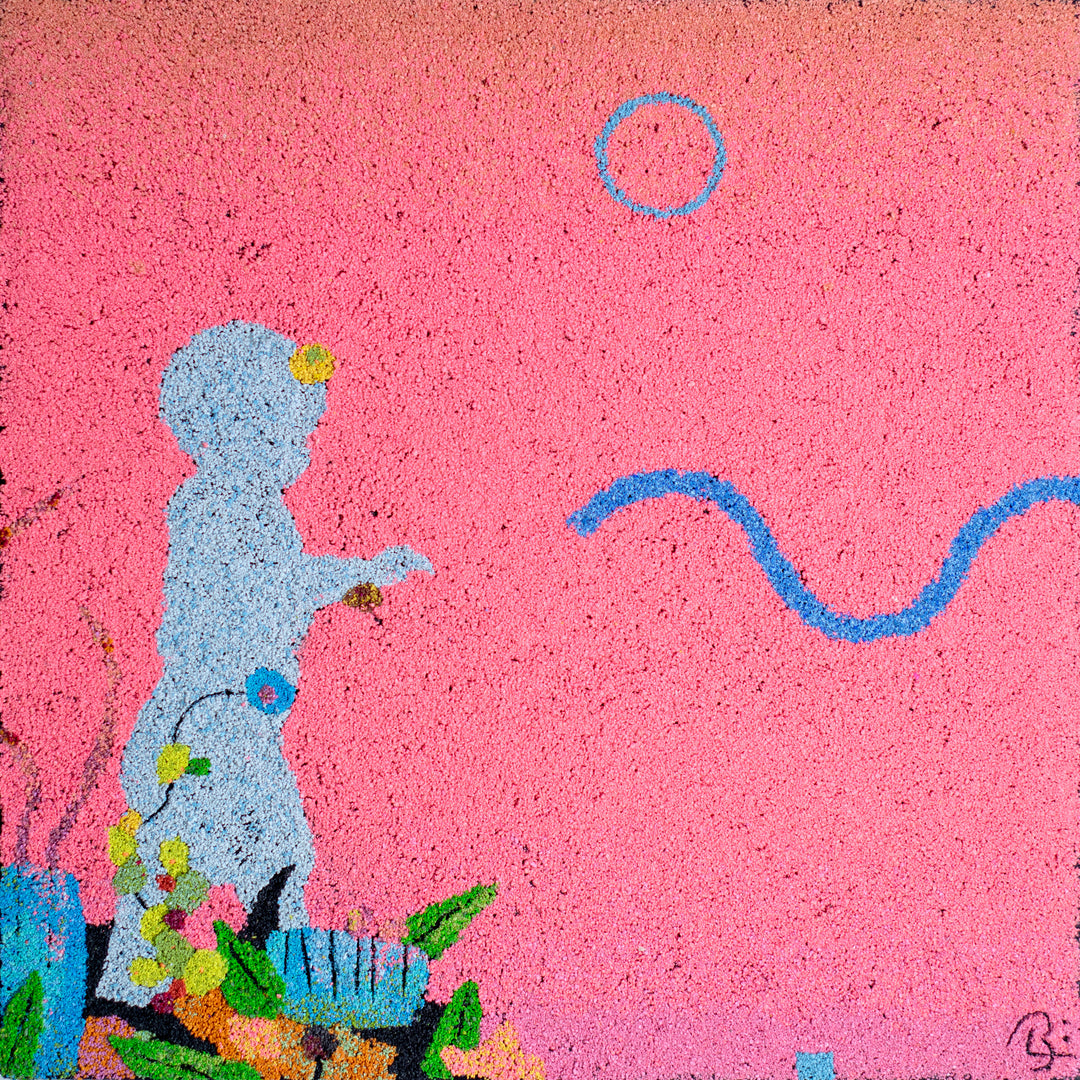 20"x20" abstract piece using crushed volcanic rock and acrylic paint with a child's silhouette and abstract forms over a pink background.  