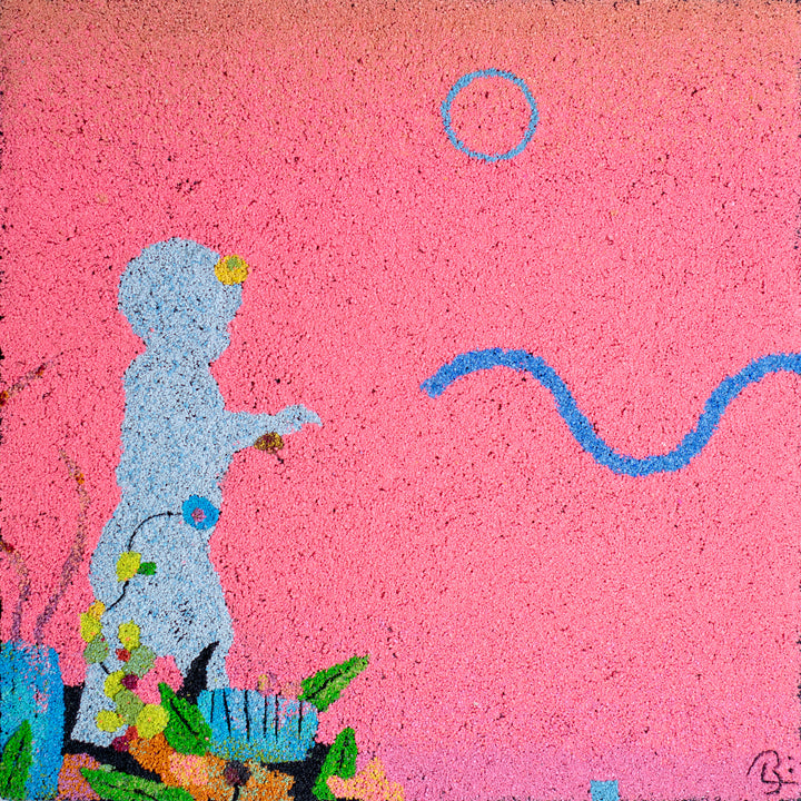 20"x20" abstract piece using crushed volcanic rock and acrylic paint with a child&