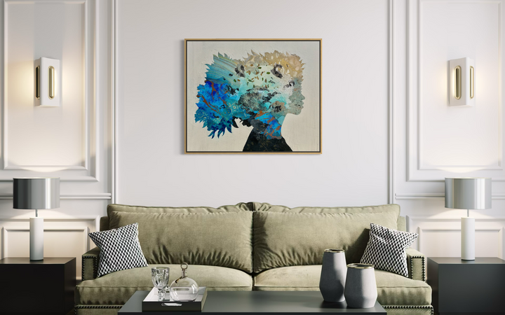 "Born to Bloom" by Christopher Peter — a mixed-media collage painting on canvas depicting a woman&