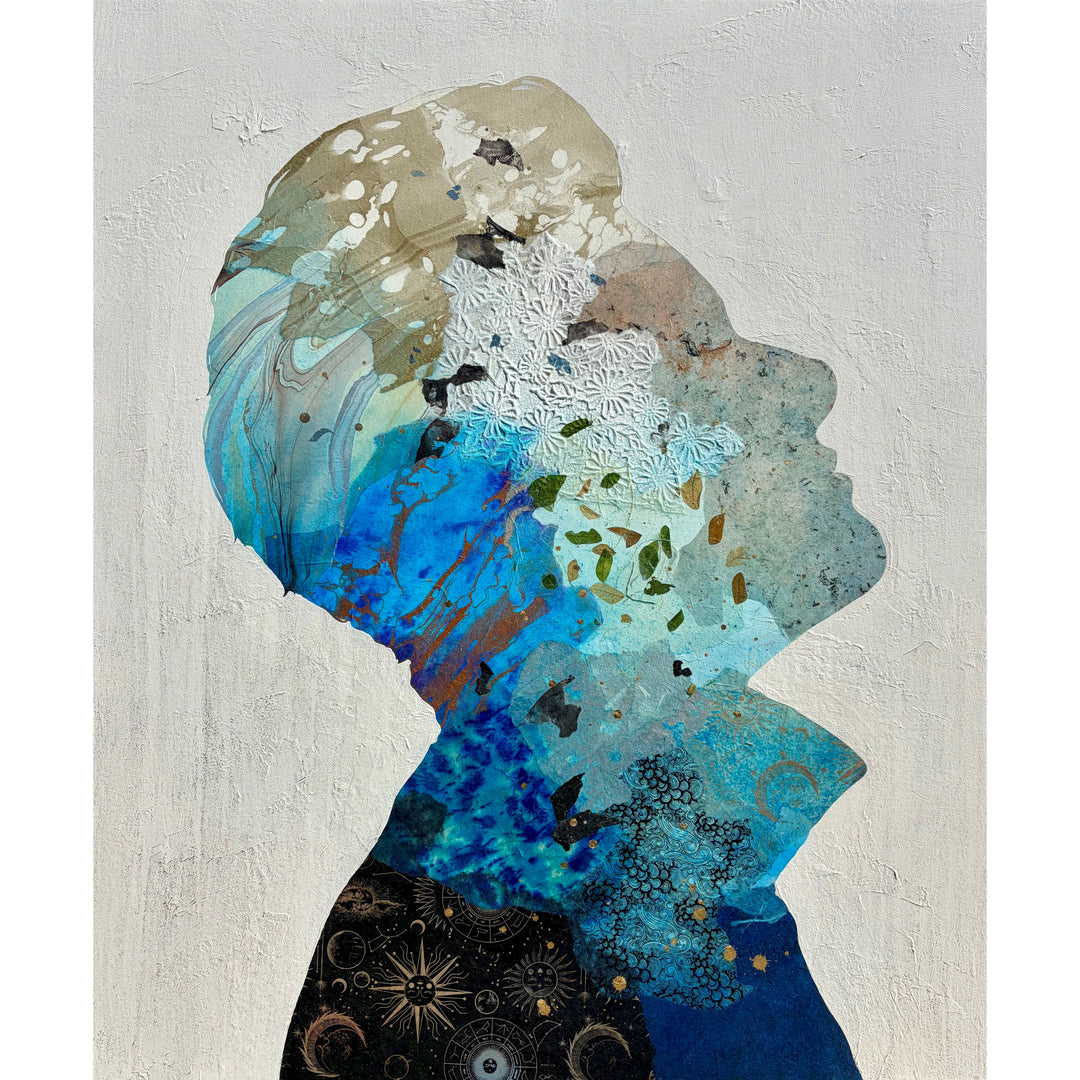 Christopher Peter, Born to Be Blue, acrylic, oil, handmade papers and gold leaf on canvas, 48 x 40 inches. Profile silhouette of a figure with head tilted upward facing right, filled with collaged blue, turquoise, tan, and black papers, white embossed floral paper, and small green and brown leaves, with a black paper printed with gold suns and stars at the chest, set against a textured off-white background.