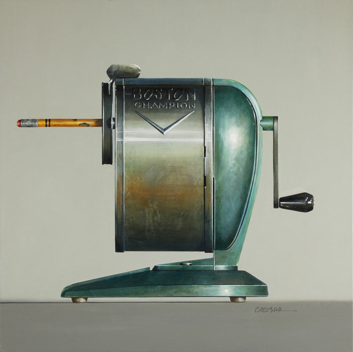 Realistic painting of a vintage manual Boston Champion pencil sharpener with a pencil and eraser. 30"X30" oil on canvas. Minimalist off white and grey background.